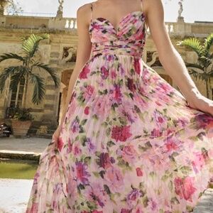 Lulus Samika Pink Multi Floral Satin Pleated Maxi Dress - Size M